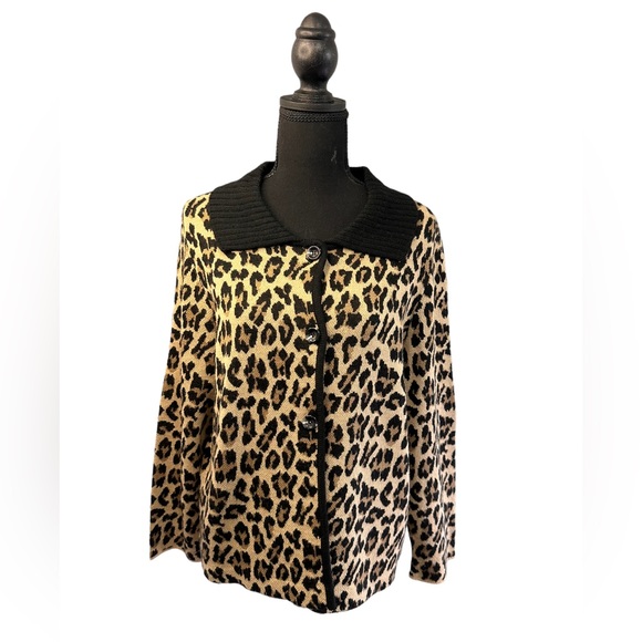 Raffaella Leopard Print Button Front Wool Blend Cardigan, Size XL - Picture 1 of 6